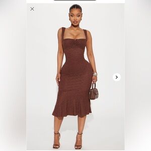 Fashion Nova Brown Ribbed Ruffled Bodycon Midi Dress